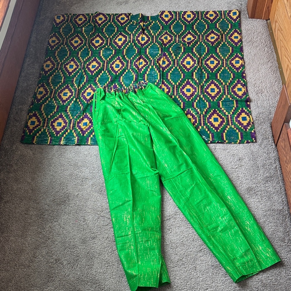 African Kaftan Dashiki Top & Pants Set Green Ankara Print Two Piece SIZE 10